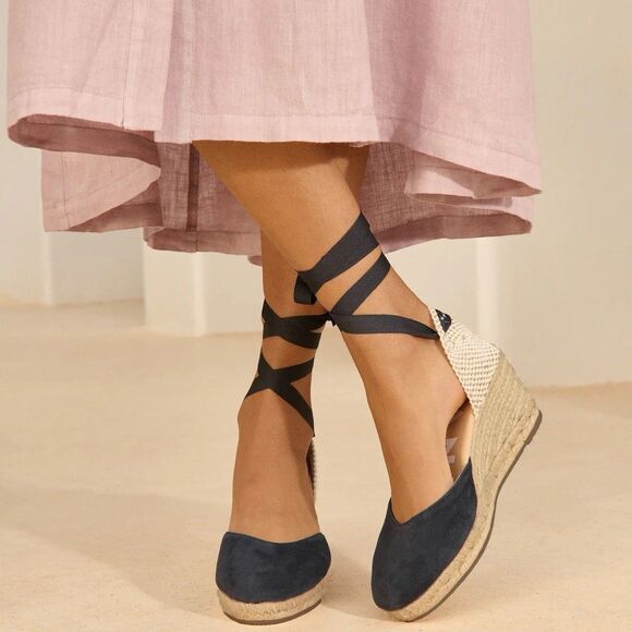 MANEBI Soft Suede Low Wedge Espadrilles Hamptons Patriot Blue EU 38 US 7.5 - Picture 1 of 12